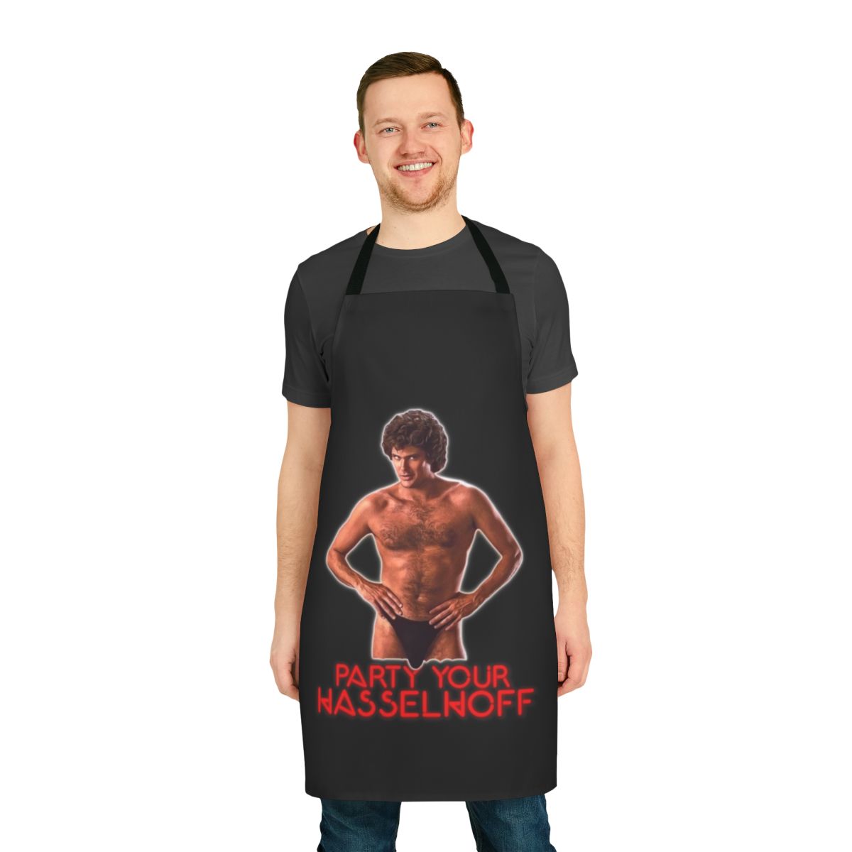 A funny apron featuring a humorous design of David Hasselhoff, the iconic 80s TV star.