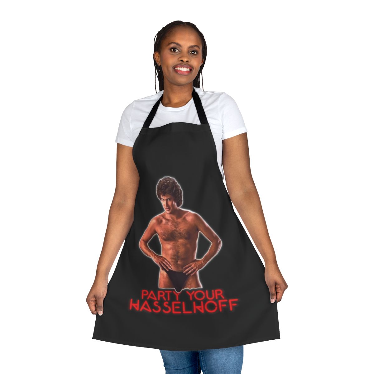 A funny apron featuring a humorous design of David Hasselhoff, the iconic 80s TV star.