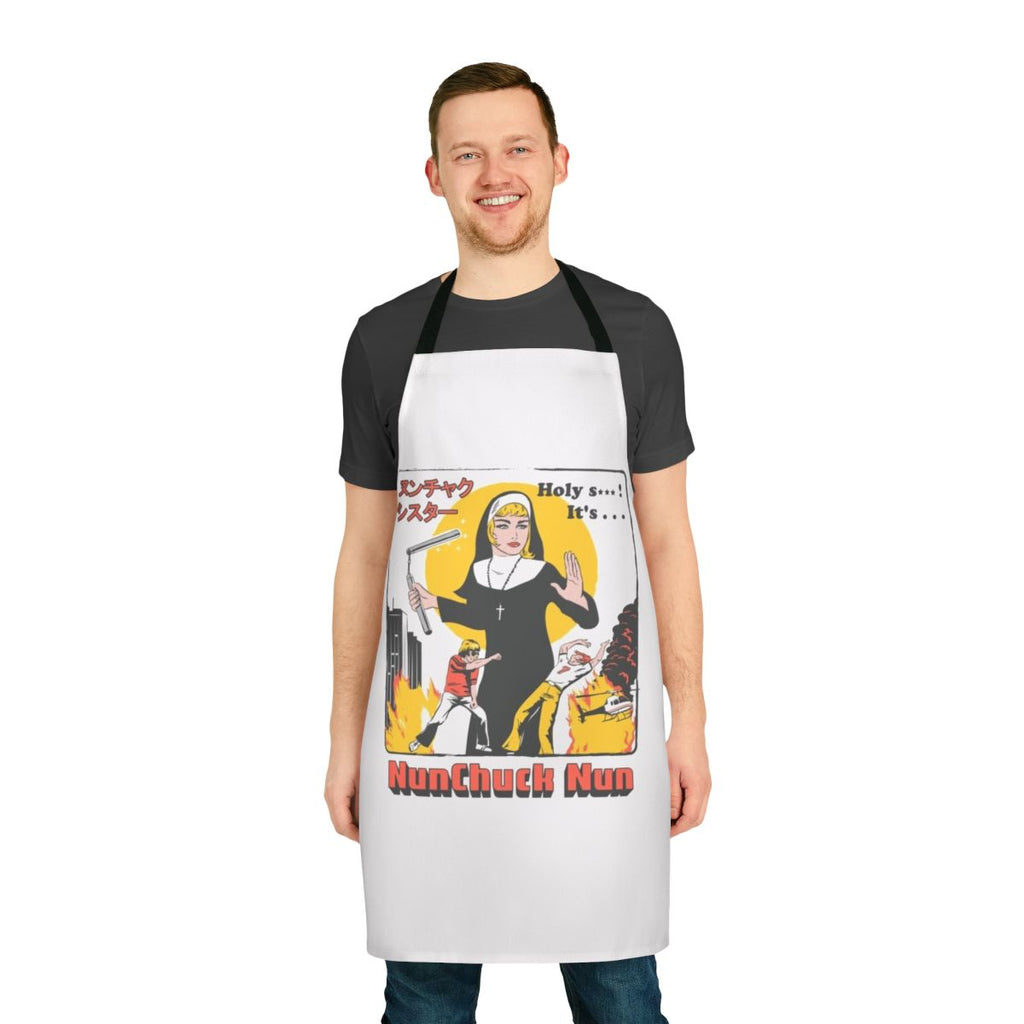 Apron featuring a nun wielding nunchucks, a comical retro pop culture design
