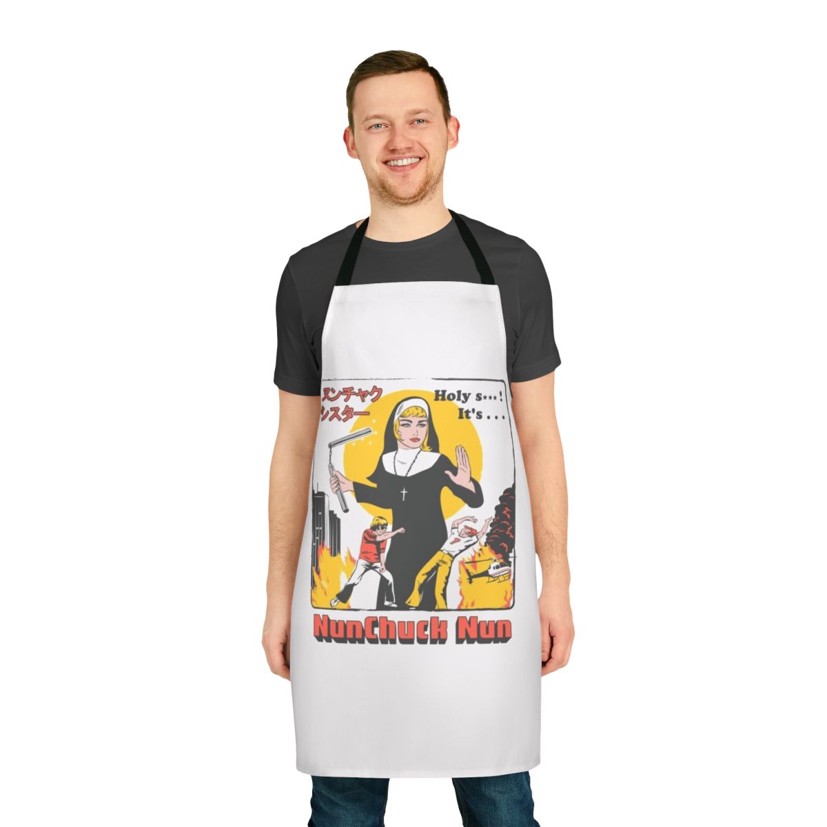 Apron featuring a nun wielding nunchucks, a comical retro pop culture design