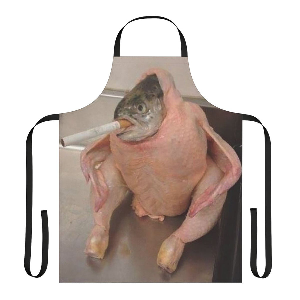 Person wearing a funny apron with a fish in a chicken design