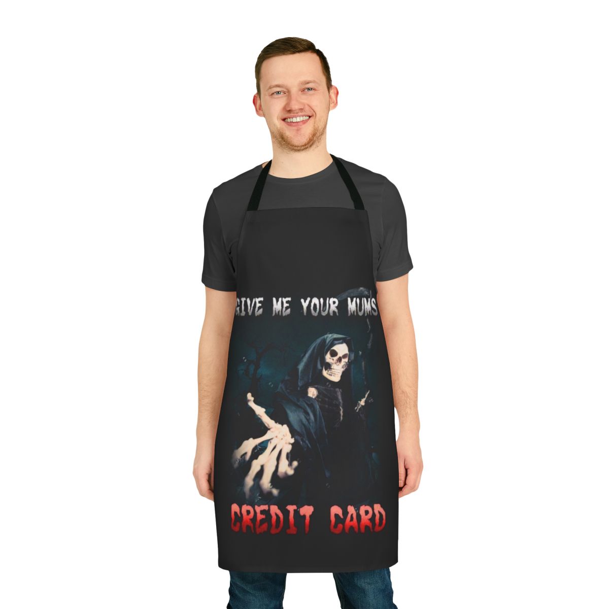 Funny "Give Me Your Mum's Credit Card" apron with a humorous design