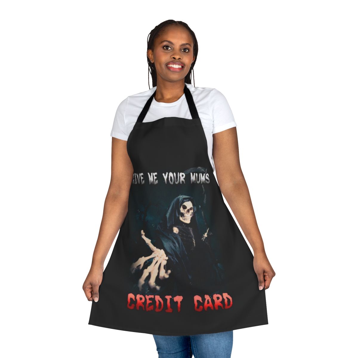 Funny "Give Me Your Mum's Credit Card" apron with a humorous design