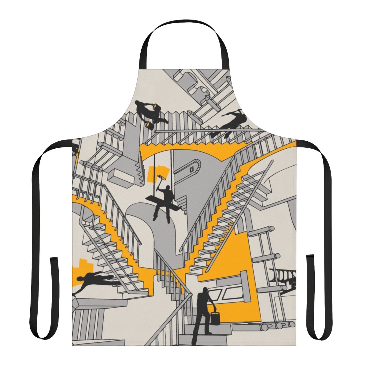 A whimsical home improvement apron featuring geometric designs and a vintage-inspired illustration.