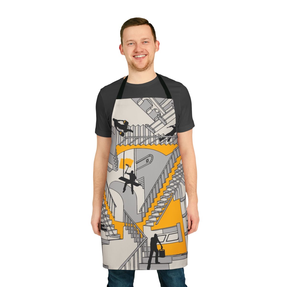 A whimsical home improvement apron featuring geometric designs and a vintage-inspired illustration.