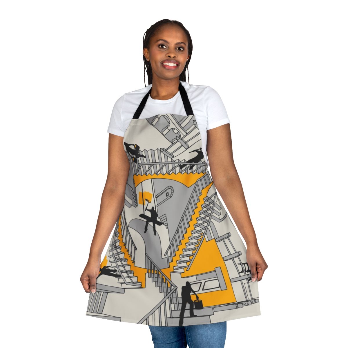 A whimsical home improvement apron featuring geometric designs and a vintage-inspired illustration.
