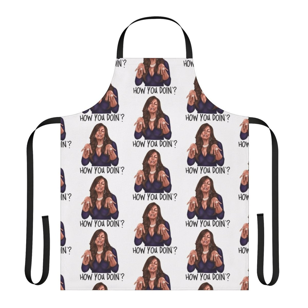 Apron with "How You Doin?" catchphrase design, a fun and quirky kitchen accessory