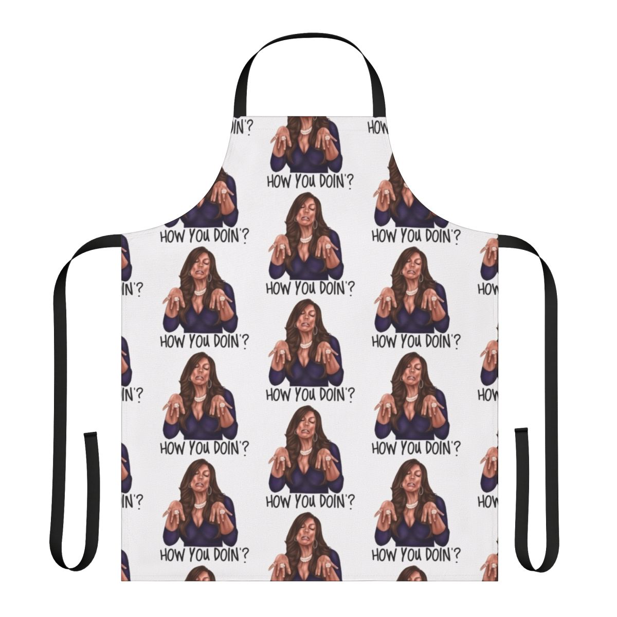 Apron with "How You Doin?" catchphrase design, a fun and quirky kitchen accessory