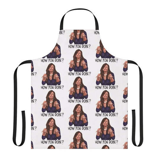 Apron with "How You Doin?" catchphrase design, a fun and quirky kitchen accessory