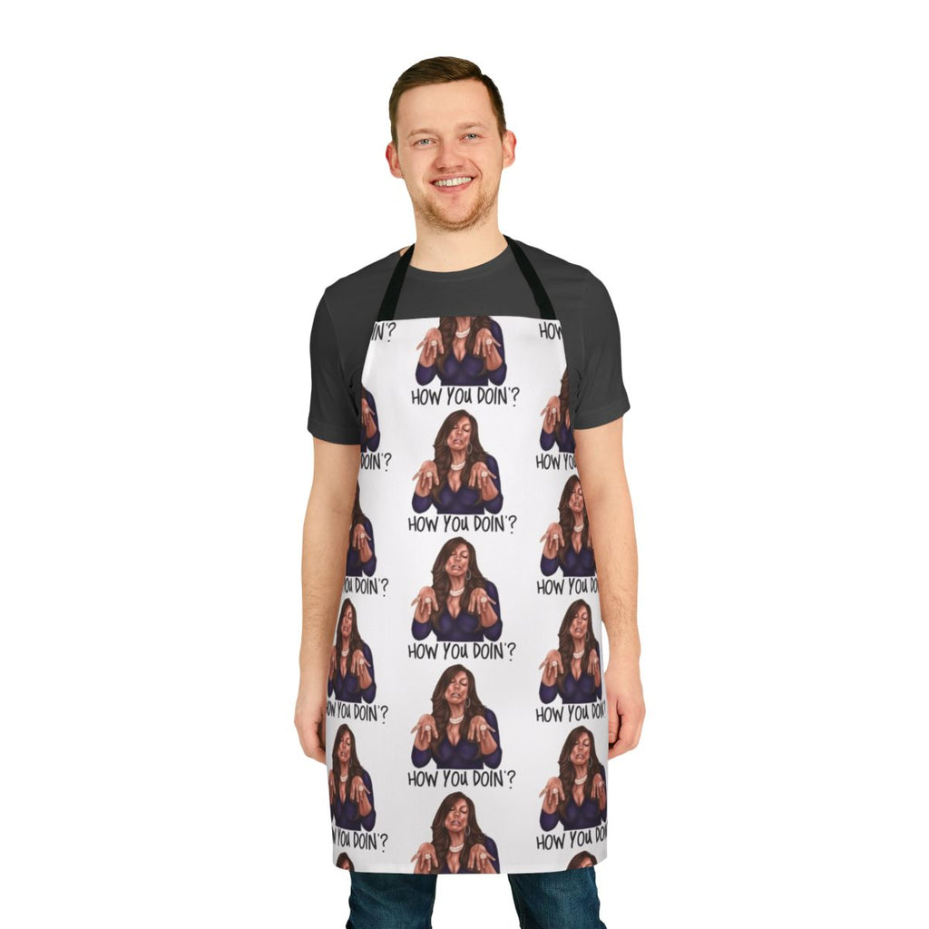 Apron with "How You Doin?" catchphrase design, a fun and quirky kitchen accessory