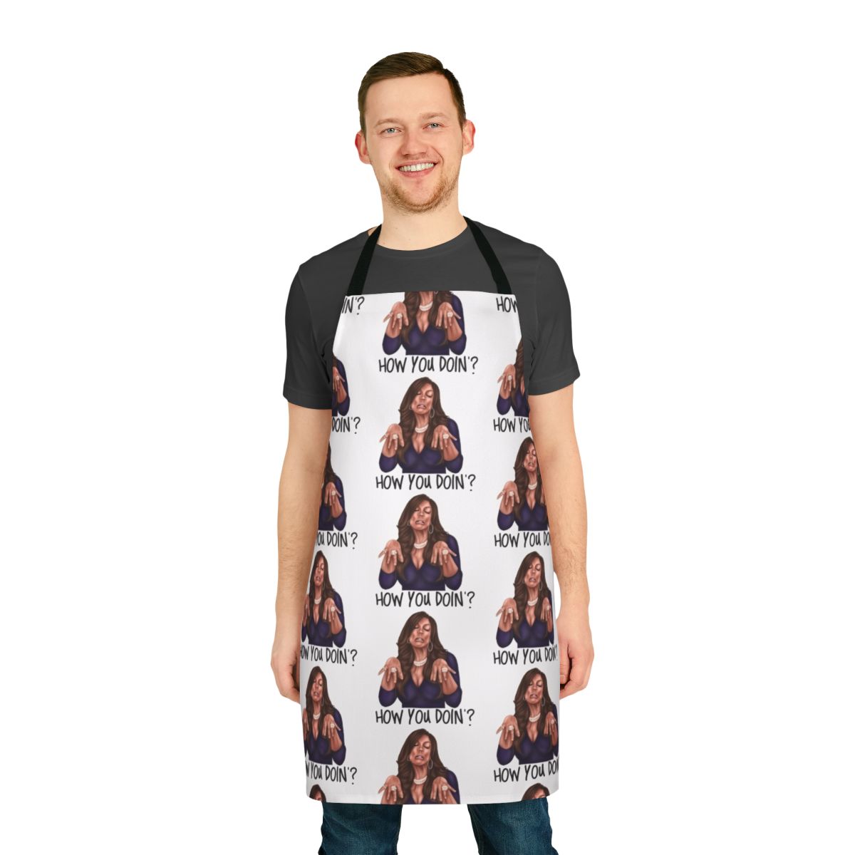 Apron with "How You Doin?" catchphrase design, a fun and quirky kitchen accessory