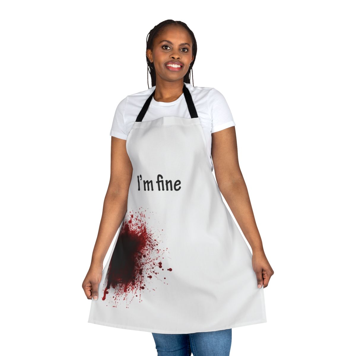Playful "I Am Fine" apron with blood-spatter graphics