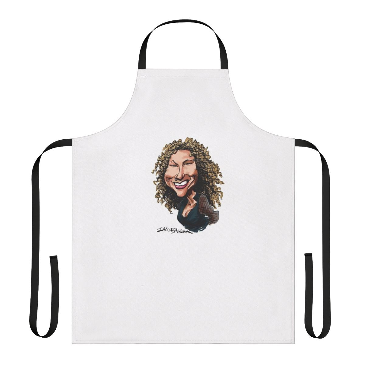 Illustrated apron featuring a caricature of singer-songwriter Joan Osborne