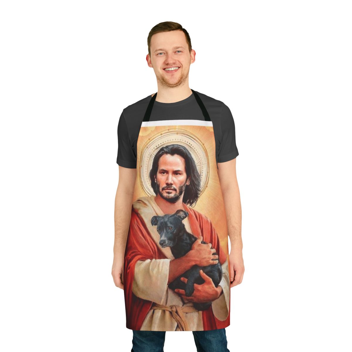 Funny apron with Keanu Reeves-inspired design and dog meme
