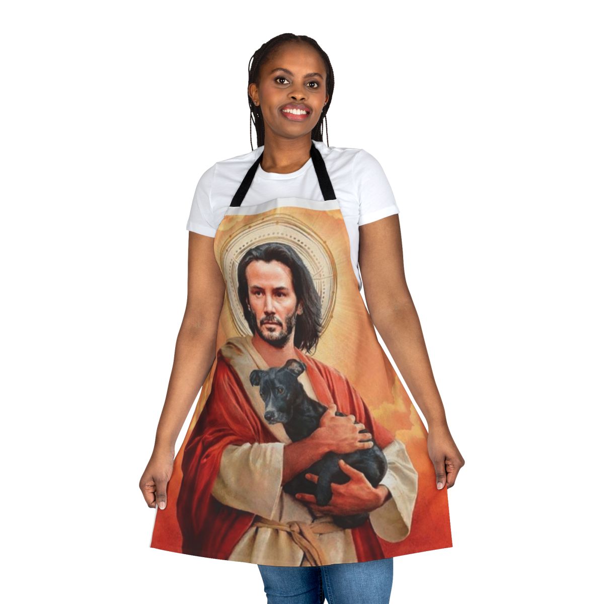 Funny apron with Keanu Reeves-inspired design and dog meme