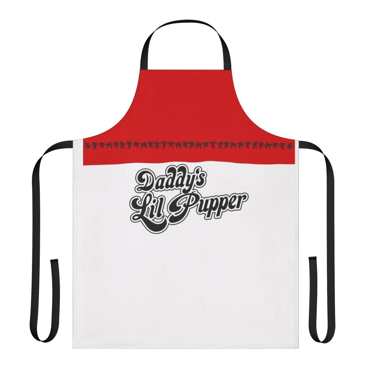 A black apron with the text "Daddy's Lil Pupper" in a fun, pop art style