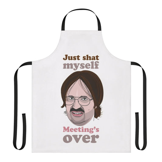 Funny meeting apron with text inspired by the comedy of Derek, Kev, and Ricky Gervais