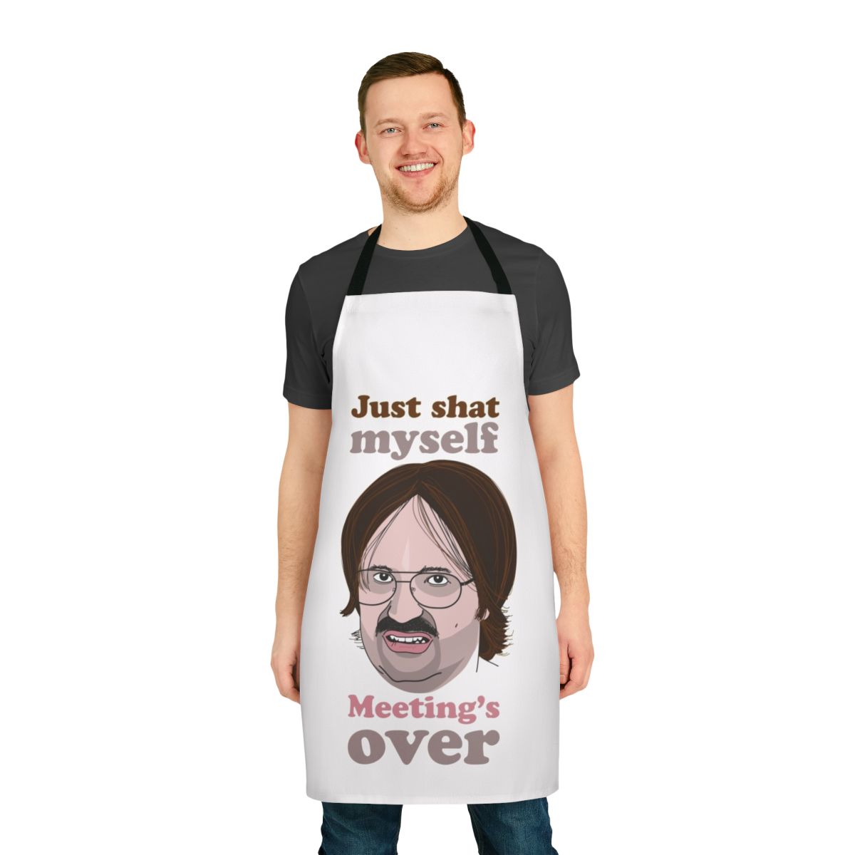 Funny meeting apron with text inspired by the comedy of Derek, Kev, and Ricky Gervais