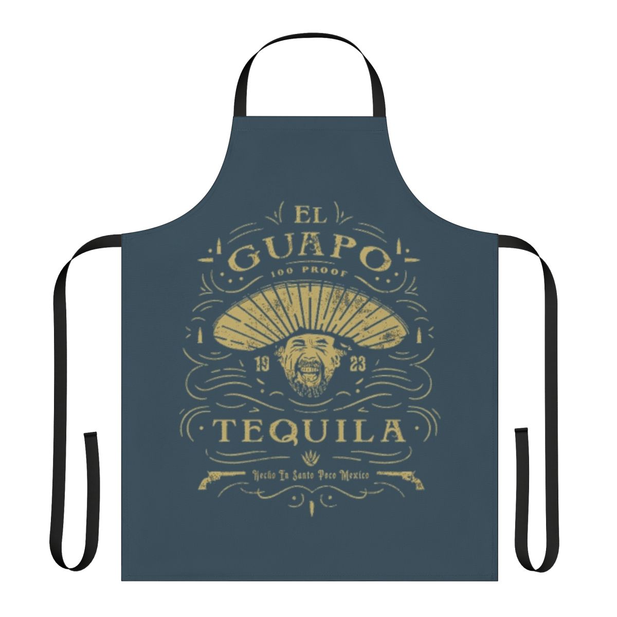Vibrant Mexican-themed apron with 'El Guapo Tequila' design, inspired by the classic comedy film The Three Amigos