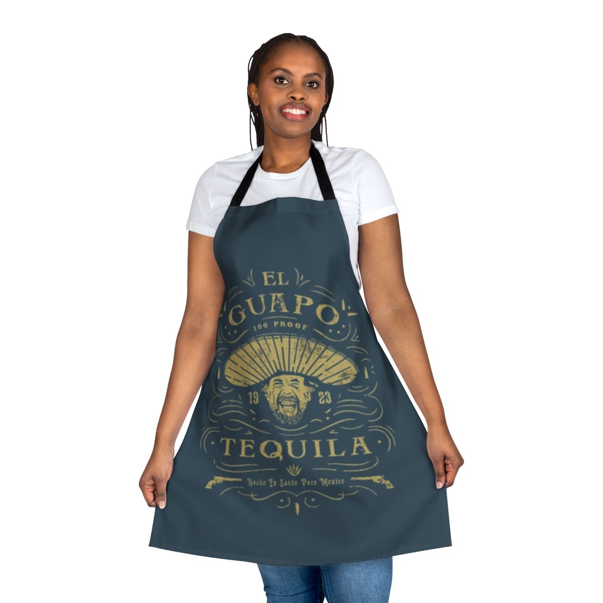 Vibrant Mexican-themed apron with 'El Guapo Tequila' design, inspired by the classic comedy film The Three Amigos