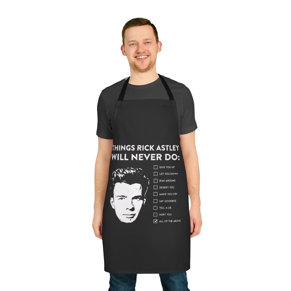 Apron featuring the memorable lyrics "Never Gonna Give You Up" by Rick Astley