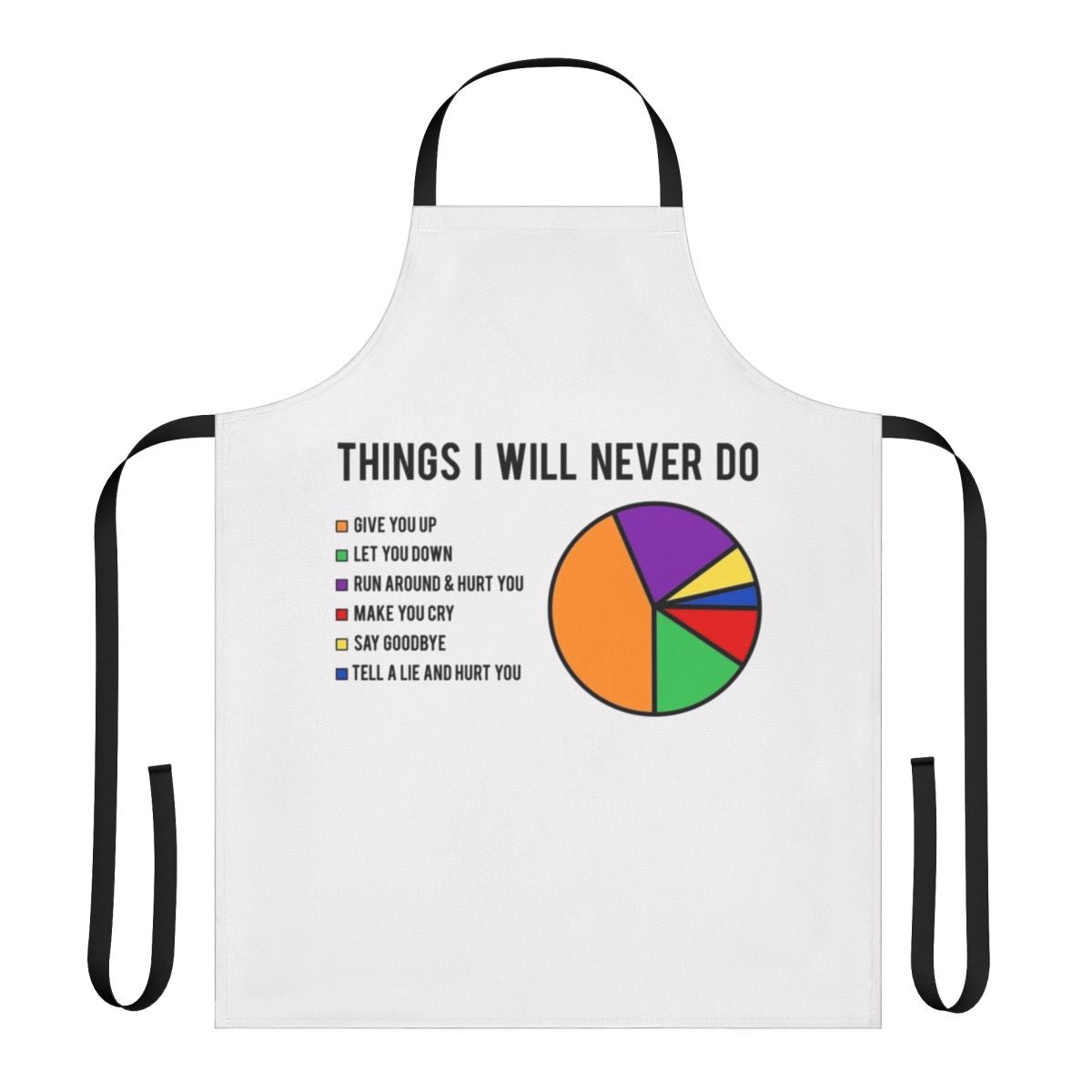Humorous apron featuring "Never Gonna Give You Up" inspired design