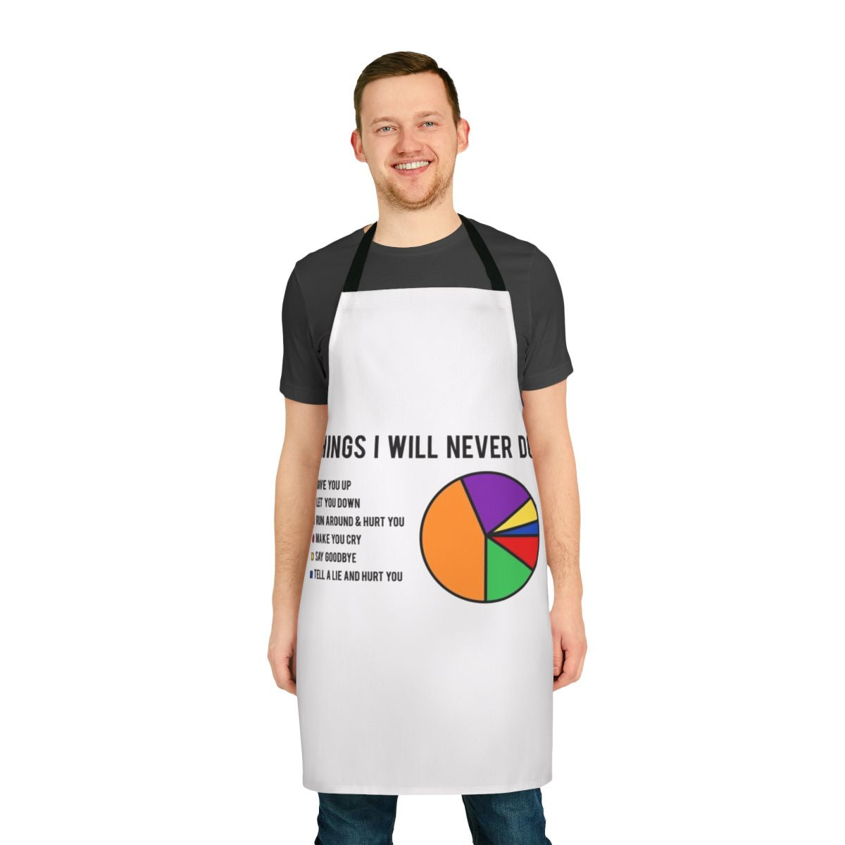 Humorous apron featuring "Never Gonna Give You Up" inspired design