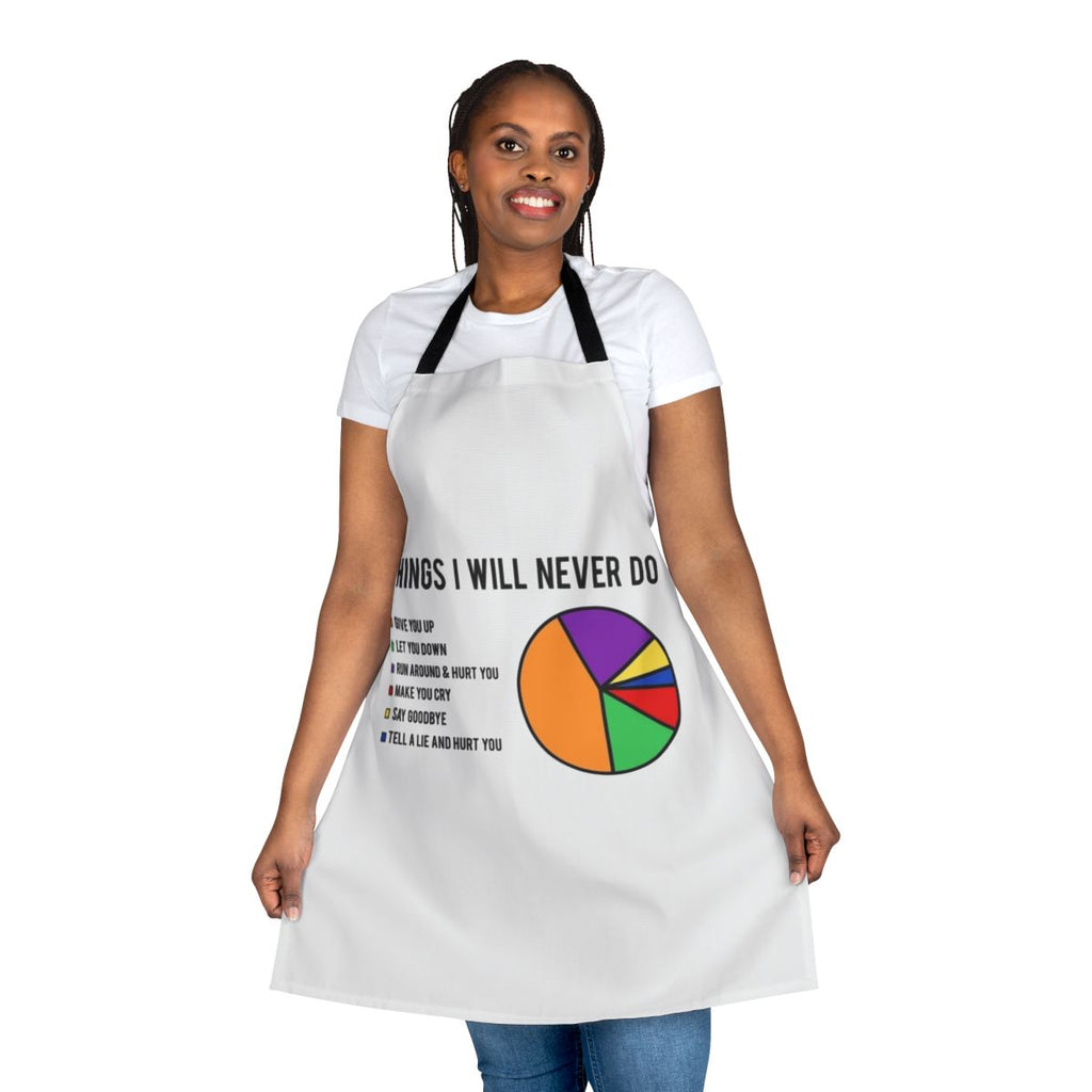 Humorous apron featuring "Never Gonna Give You Up" inspired design