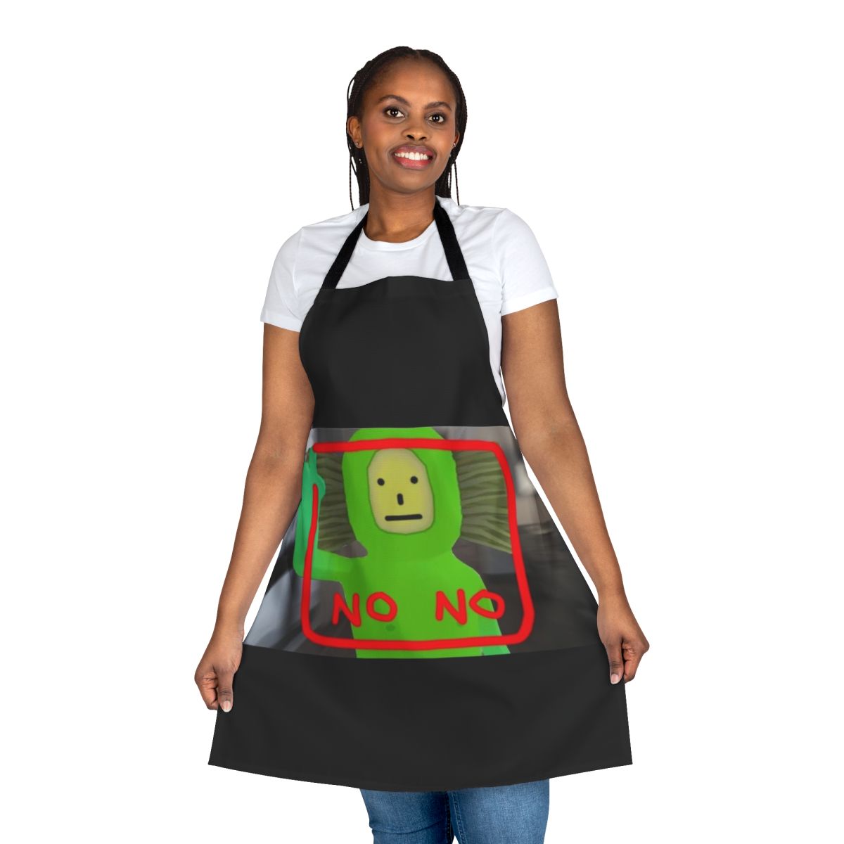 Playful No No Square apron with green and red design