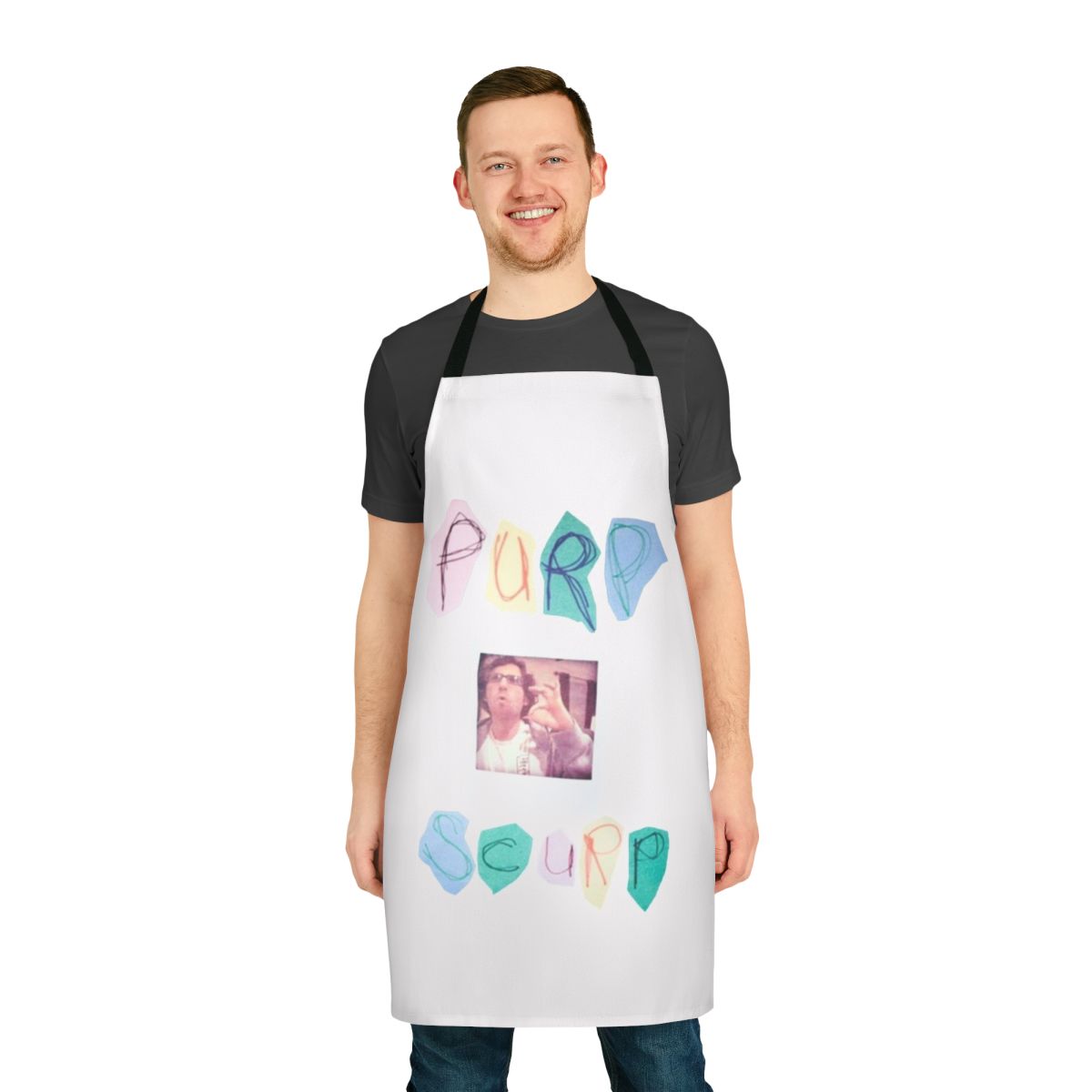 Purp Scurp-inspired funny apron with cannabis and meme motifs