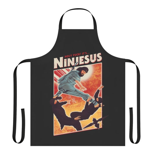 A funny, satirical apron design featuring Jesus as a ninja with text and icons.