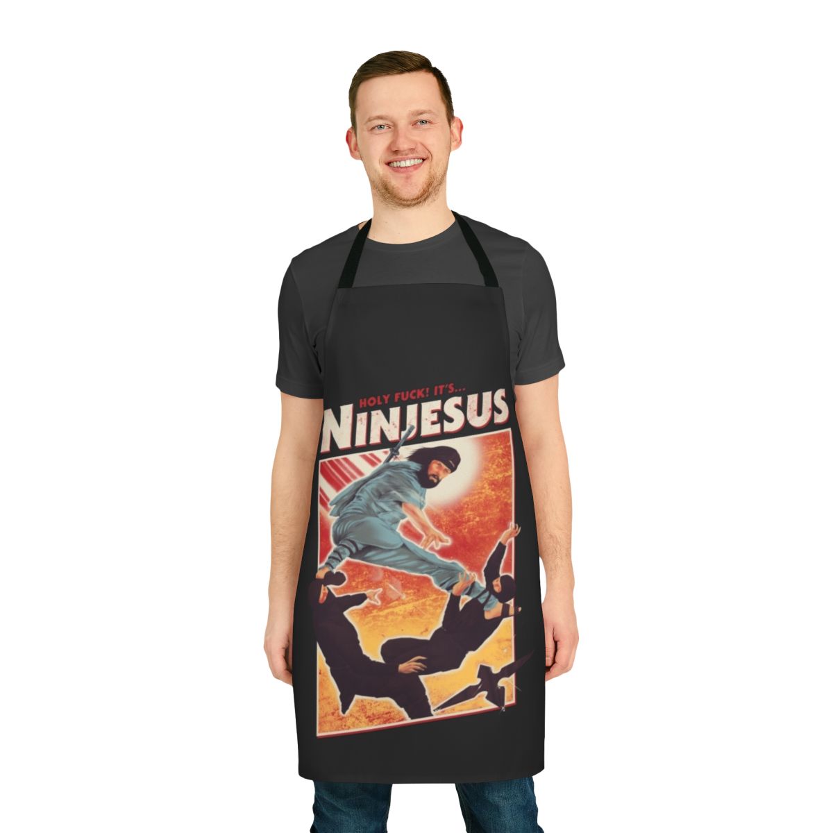 A funny, satirical apron design featuring Jesus as a ninja with text and icons.