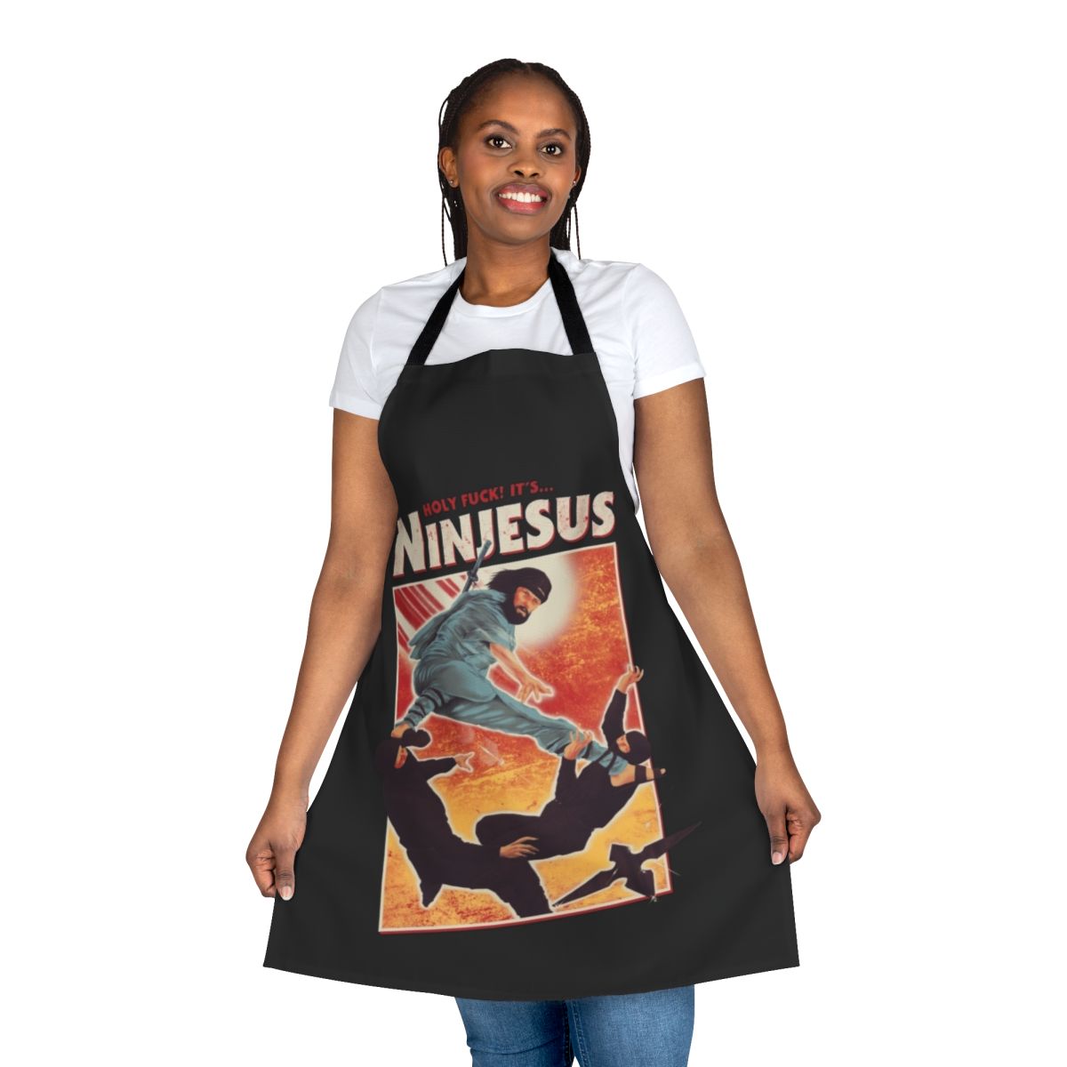 A funny, satirical apron design featuring Jesus as a ninja with text and icons.