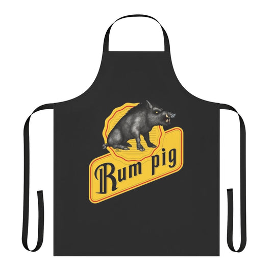 Vibrant cartoon illustration of a feral pig on a black apron, perfect for rum and alcohol enthusiasts
