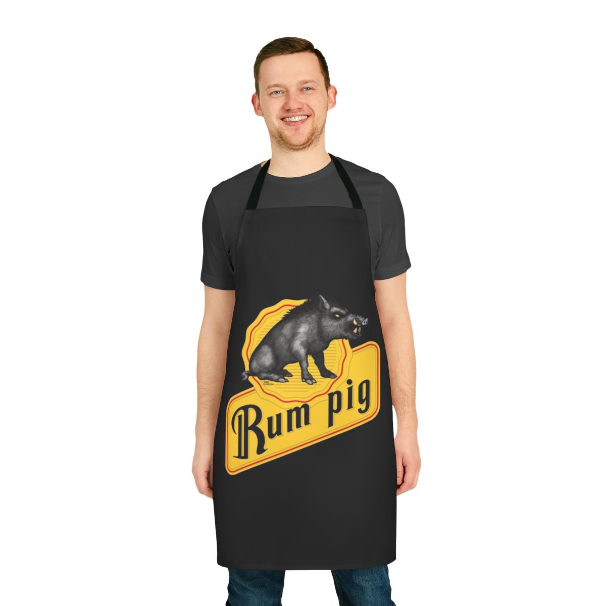 Vibrant cartoon illustration of a feral pig on a black apron, perfect for rum and alcohol enthusiasts
