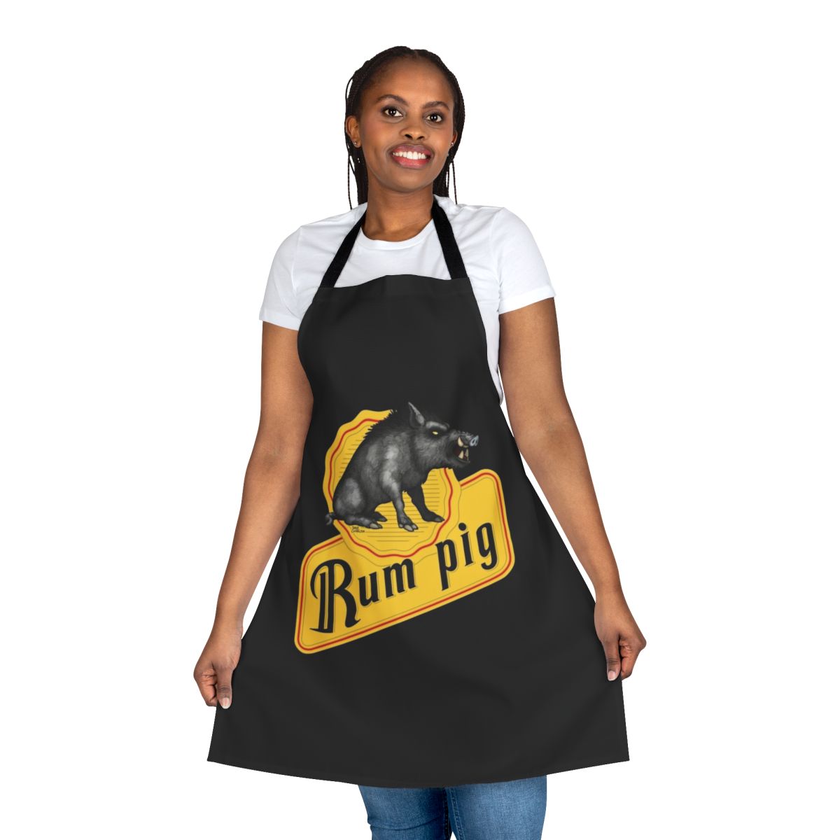 Vibrant cartoon illustration of a feral pig on a black apron, perfect for rum and alcohol enthusiasts