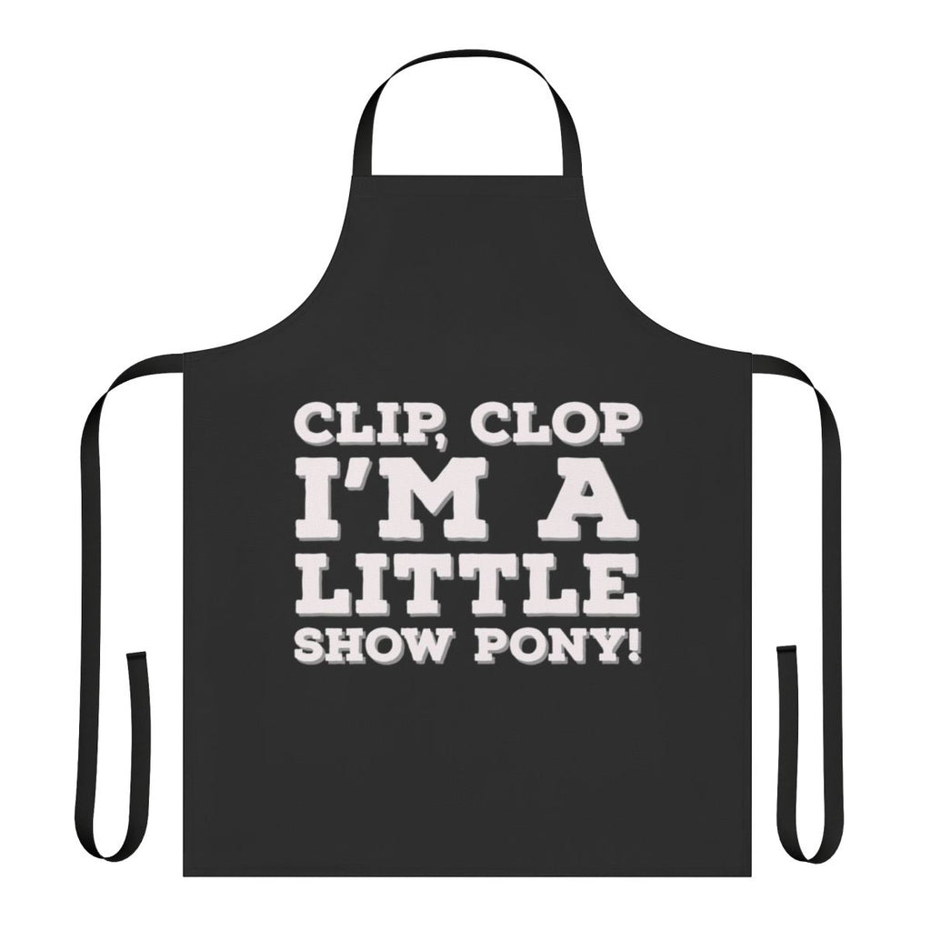 A white apron with a "Clip Clop I'm a Little Show Pony" design, inspired by the Netflix series Big Mouth.