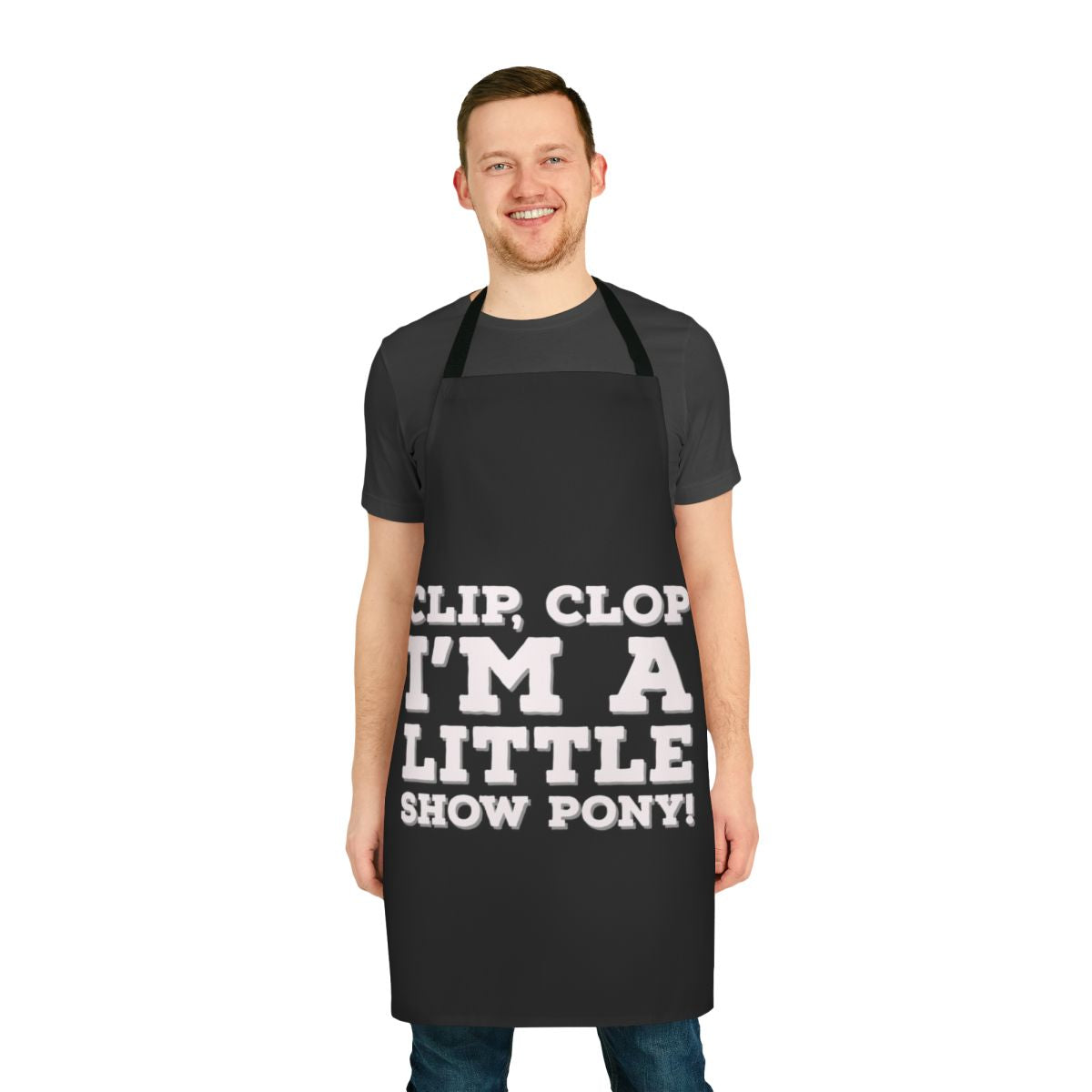 A white apron with a "Clip Clop I'm a Little Show Pony" design, inspired by the Netflix series Big Mouth.