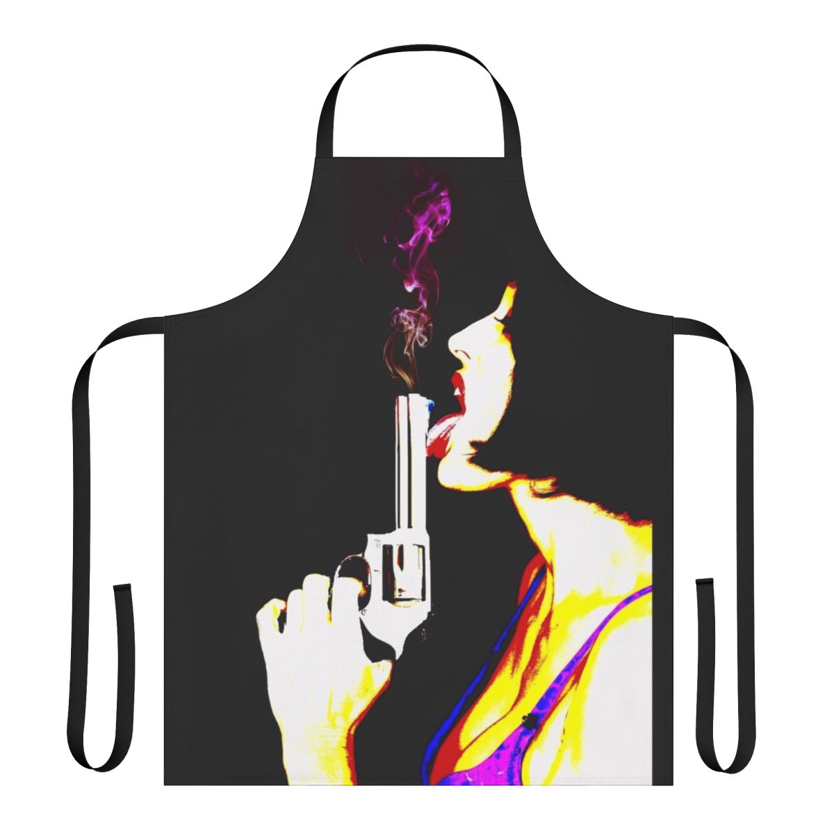 A funny, retro-style apron featuring a "Smokin' Gun" graphic design