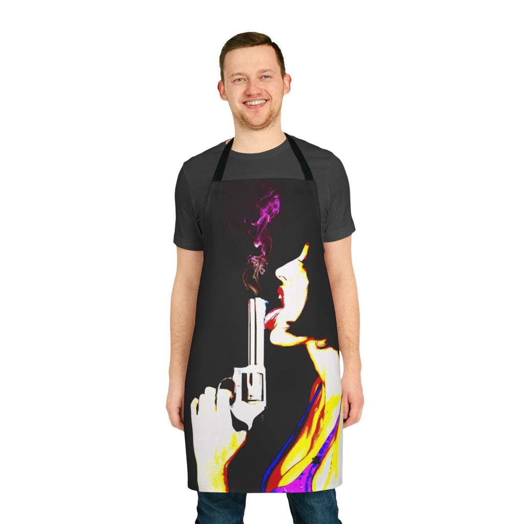 A funny, retro-style apron featuring a "Smokin' Gun" graphic design