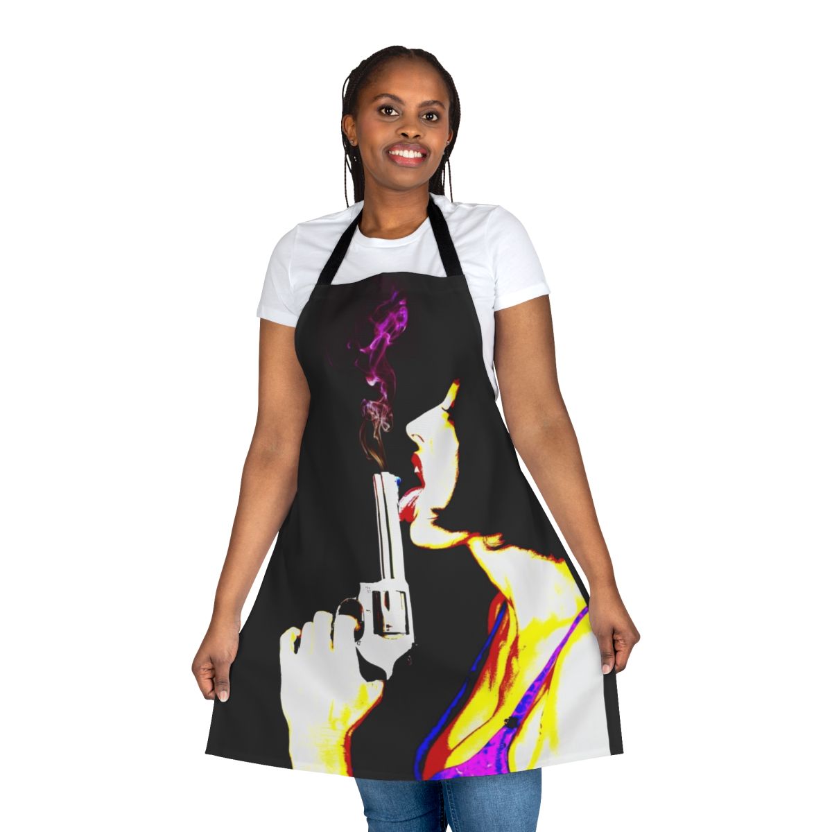 A funny, retro-style apron featuring a "Smokin' Gun" graphic design