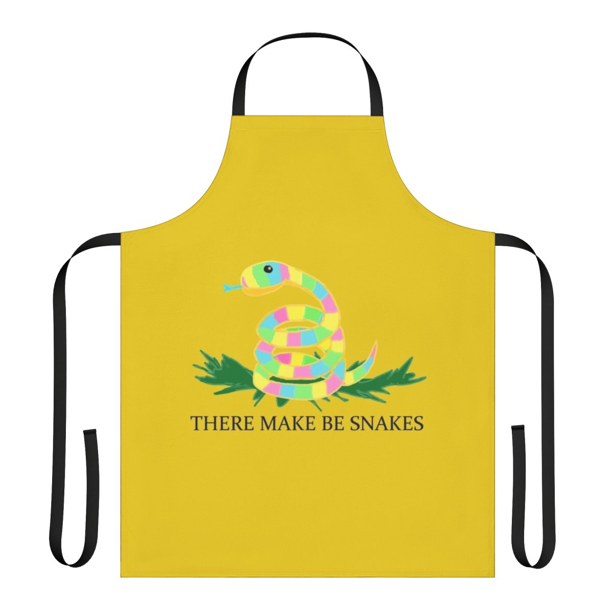 A black and white apron with a humorous "There May Be Snakes" design, perfect for the kitchen.