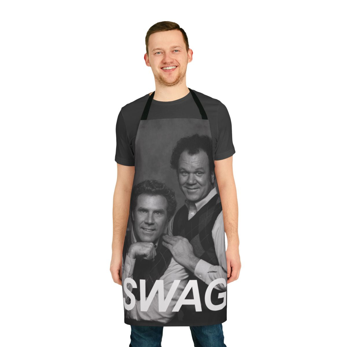 Step Brothers inspired comedy apron with a black and white portrait design