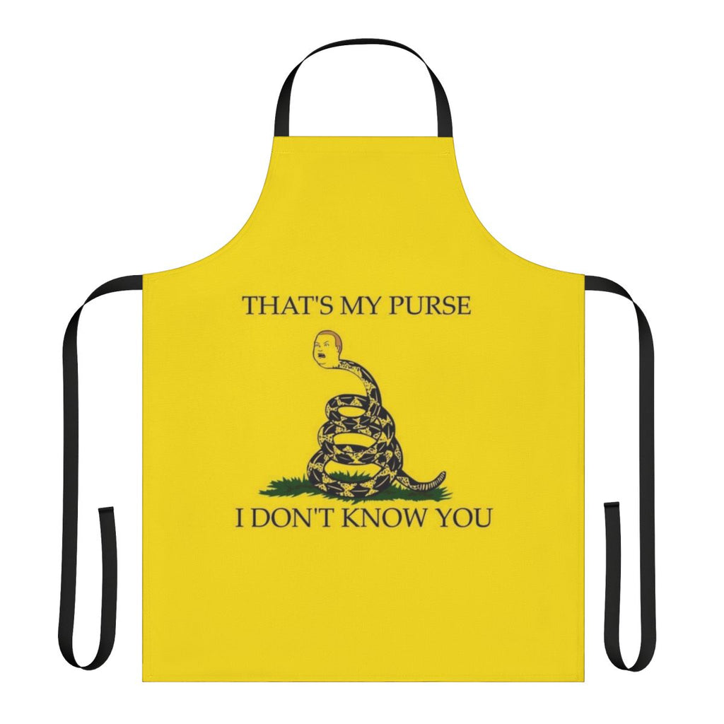 Person wearing a funny "That's My Purse" themed kitchen apron