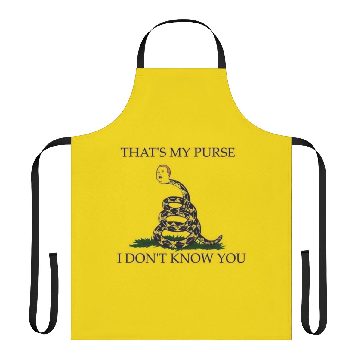 Person wearing a funny "That's My Purse" themed kitchen apron
