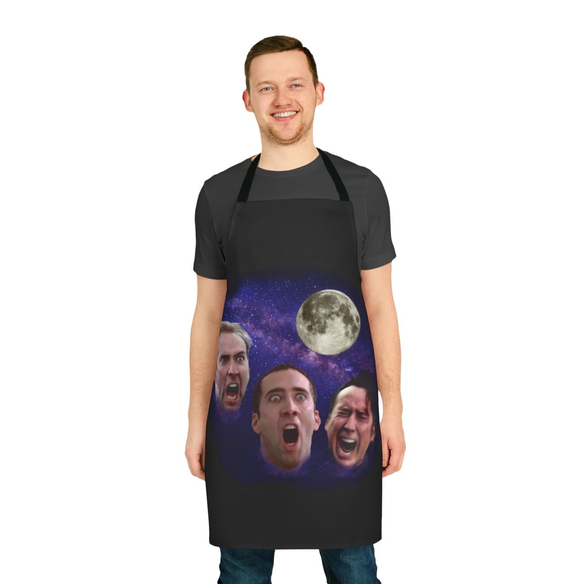 An apron featuring a parody design of the "Three Wolf Moon" meme, with the face of actor Nicolas Cage substituted for the wolves.