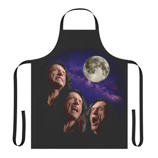 A pop culture inspired apron featuring a mash-up design of Tommy Wiseau and the classic Three Wolf Moon meme