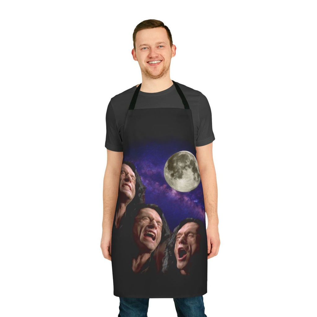 A pop culture inspired apron featuring a mash-up design of Tommy Wiseau and the classic Three Wolf Moon meme