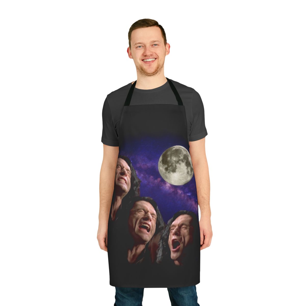 A pop culture inspired apron featuring a mash-up design of Tommy Wiseau and the classic Three Wolf Moon meme