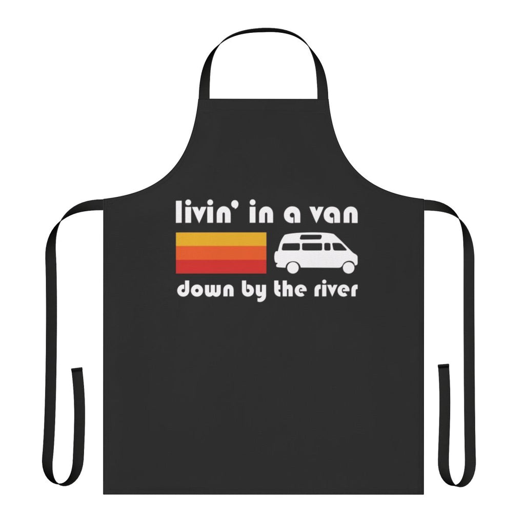 Apron with a humorous 'Living in a Van Down by the River' design, inspired by the iconic Saturday Night Live sketch featuring Chris Farley as motivational speaker Matt Foley.